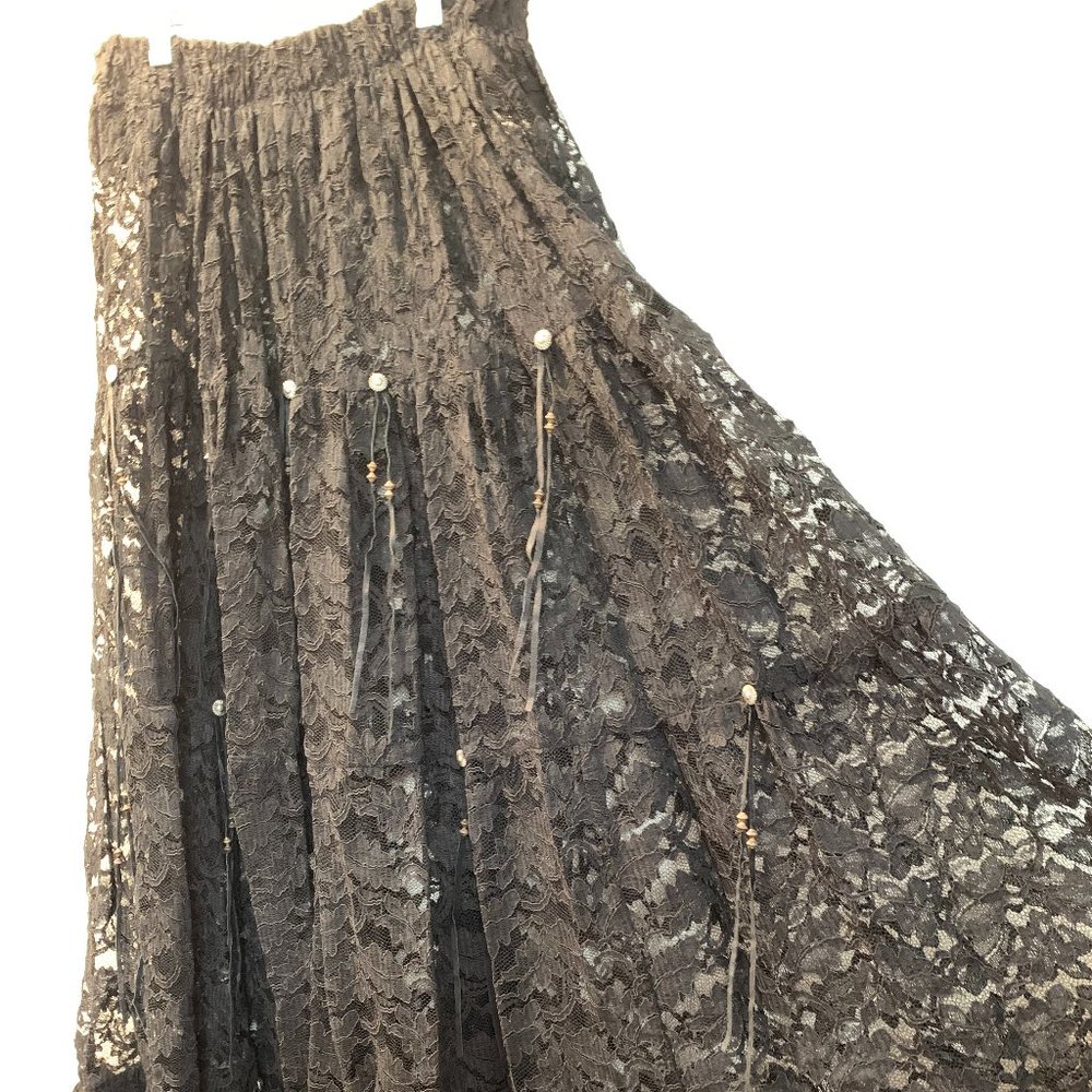 black lace tiered  skirt with leather and bead ties one size great condition